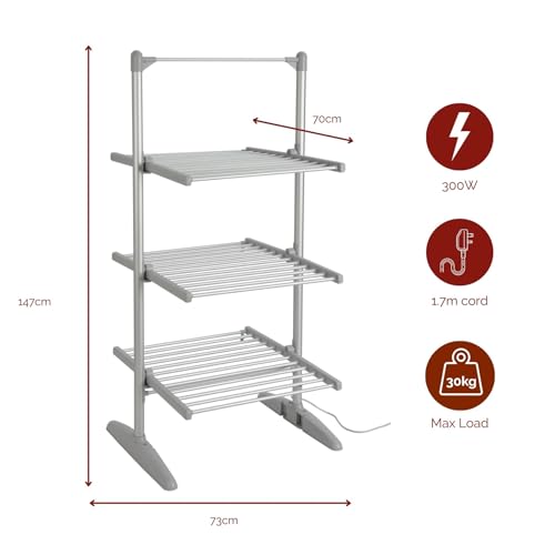 Rediffusion Clothes Airer, 3 Tier, Electric, 36 Heated Rails, 21m Hanging Space, 30kg Weight Capacity, Indoor Airer, Energy Efficient, 147 x 73 x 70cm, Silver - REDH08 - Image 3