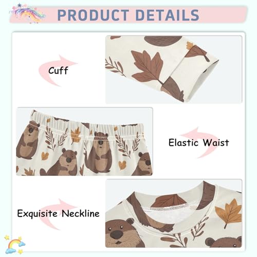 Pajama Sets Long Sleeve Beaver Leaves Autumn Pattern Soft Comfy Sleepwear 2 Piece PJS 3-8T4