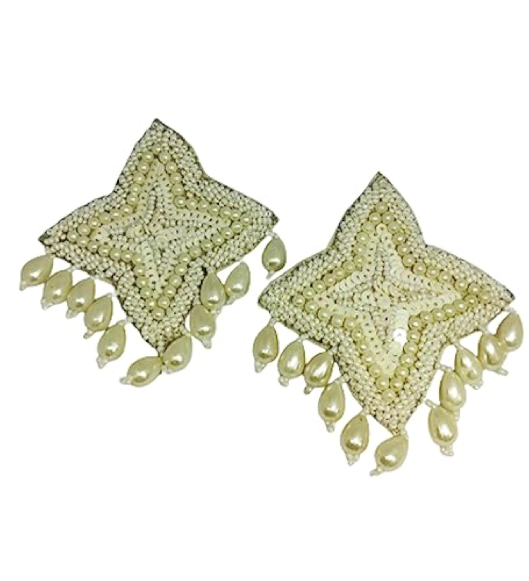 White Beaded Handmade Earrings, Fabric Drops & Danglers