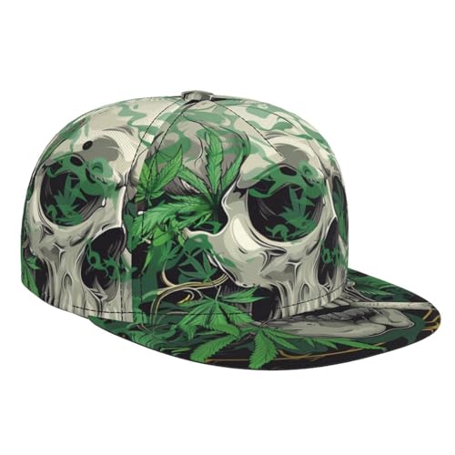Baseball Cap for Men Women - Skull Hippie Cannabis Leaf Weed Marijuana Black Flat Bill Snapback Hat Hip Hop Adjustable Low Profile Dad Hat