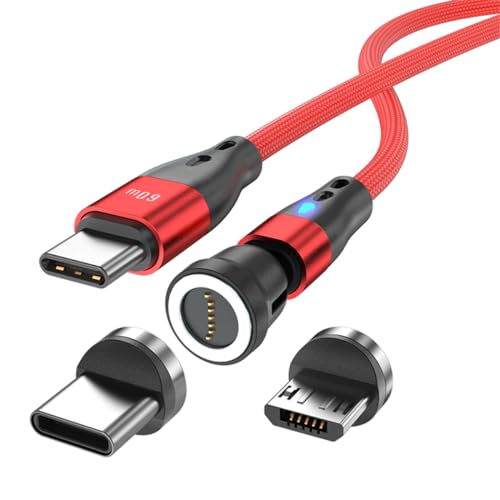 Cabo de carregamento magnético USB C para USB tipo C/Micro USB, cabo magnético PD 60 W, carregamento rápido 1 M/2 m, rotação de 540°, cabo magnético USB 2 em 1 para Android, micro USB tipo C,