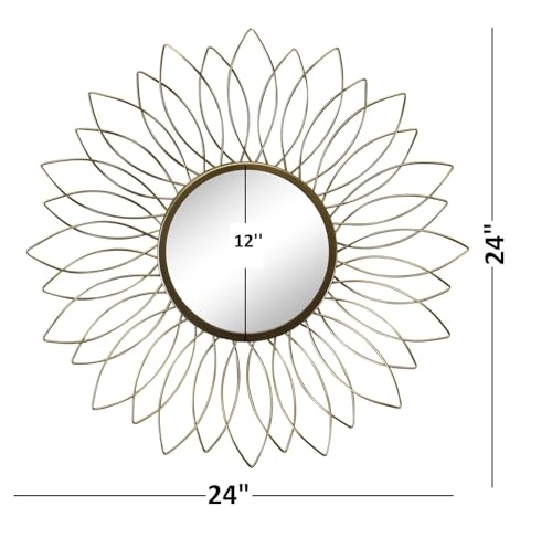 Image of Artemade Golden Sunflower: Handcrafted Wire Mirror Decorative Mirror Wall Mounted Hanging Mirror Sculpture Metal Leaf Design Modern Art Mirror Home Decor (60 X 60 Cm)(Framed, Round, Gold)
