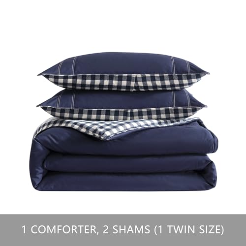Image of Eddie Bauer - Twin Comforter Set with Sham, Cotton Reversible Bedding, Medium Weight All-Season, Dorm Room Essentials, Kingston Navy