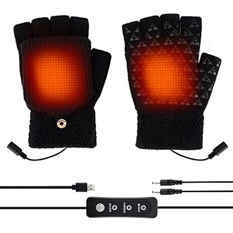 Auniq USB Heated Gloves, Unisex Heating Mittens Full & Half Hands Knitting Mittens Adjustable Temperature Warm Laptop Gloves Double-sided Heating Warm Gloves Winter Gift for Indoor or Outdoor (Black) Cover