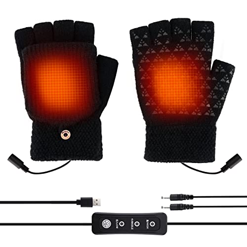 Auniq USB Beheizte Handschuhe Fäustlinge, Unisex Handschuhe Heizung Stricken Handschuhe Halb Finger Erhitzt Handschuh Beidseitig wärmende Handschuhe mit Finger Abdeckung für Radfahren Ski (Schwarz) Cover