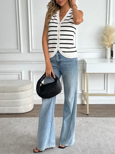Image of LILLUSORY Womens V Neck Button Down Sleeveless Knitted Fall Sweater Vest | Soft Breathable Blend Tank Blouses for Ladies, Chic Curved Hem Preppy Outfits, Four-Season Versatile Layering Clothing Piece