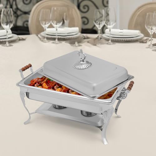 panfudongk 9L Edelstahl Buffetwärmer Speisenwärmer Chafing Dish Buffet Set für Party Hochzeit Camping 2 Speisenbehälter 2 Alkohol Brennstoffdosen mit Deckel für 1-5 Personen – Bild 4