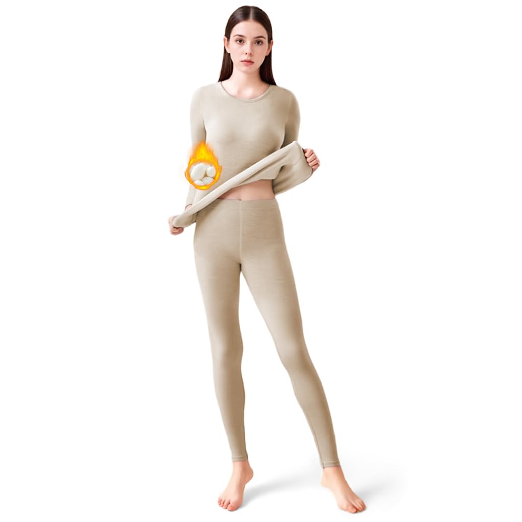 sannidhi 2-Piece Women's Thermal Underwear Set - Soft Fleece Lined Long Sleeve Winter Top & Bottom, Warm Base Layer for Winter Wear(Beige, XXXL)-picture-11