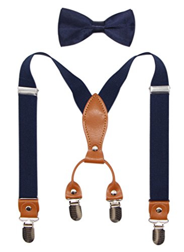 Suspenders & Bowtie Set for Kids and Baby - Adjustable Elastic X-Band Strong Clips Braces (Navy)