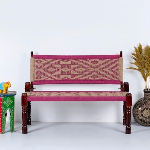 Image of Srima Wooden Bench for Living Room | Handcrafted Sheesham Wood Backrest Bench for Balcony & Garden | Traditional Rajasthani Patio for Outdoor with Cotton Handwoven Rope | Pink & Beige