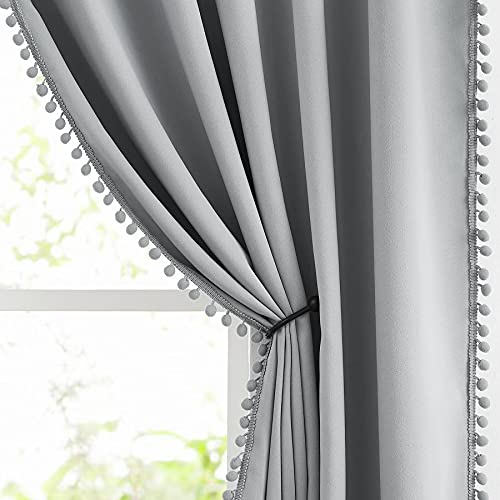 Image of Treatmentex Pom Pom Grey Curtains for Bedroom Windows 90 inch Energy Efficient Thermal Insulated Living Room Darkening Curtain Panels Drapes Nursery Room Children 52 inch w x2 Panels Rod Pocket