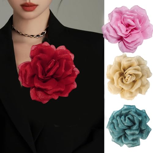 Image of Flash Camellia Flower Brooch Pin for Women Men Elegant Texture Fabric Dahlia Rose Floral Brooches Lapel Pins Dainty Wedding Holiday Party Costume Dress Accessories Jewelry