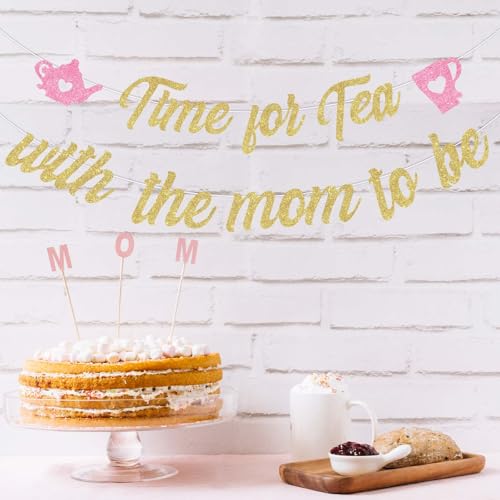Image of Cheereveal Pink Gold Glitter Tea with Mom to Be Banner, Vintage Teacup Teapot Printed Sign for Afternoon Tea Baby Shower Pregnancy Announcement Gender Reveal Party Decorations Supplies
