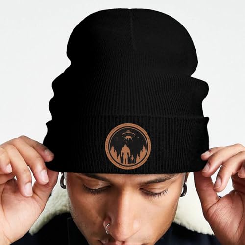 Image of Big Foot Beanie Hat, Sasquatch Leather Patch Winter Knit Skull Cap Bigfoot Gifts for Adult Men Women