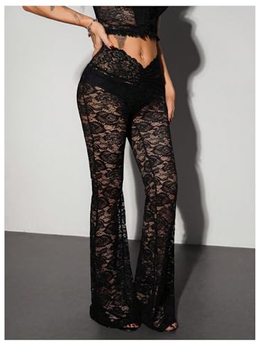Verdusa Women's Lace Bell Bottom Pants Y2K Low Waist Flare Pants See Through Rave Outfits2