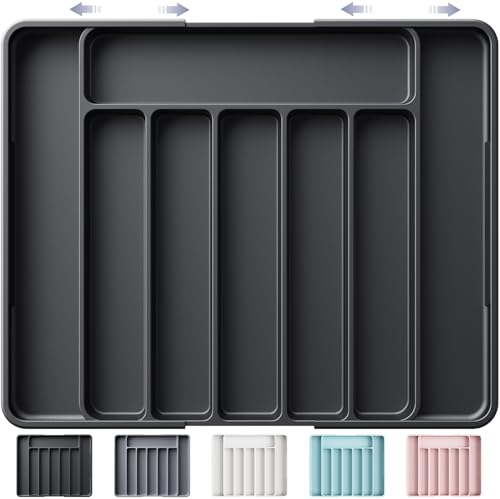 Kitsure Silverware Organizer - Adjustable Kitchen Drawer Organizer Utensil Organizer Cutlery Tray for Classified Storage Versatile Kitchen Organizer 30.8 20.5 4.2 cm Black