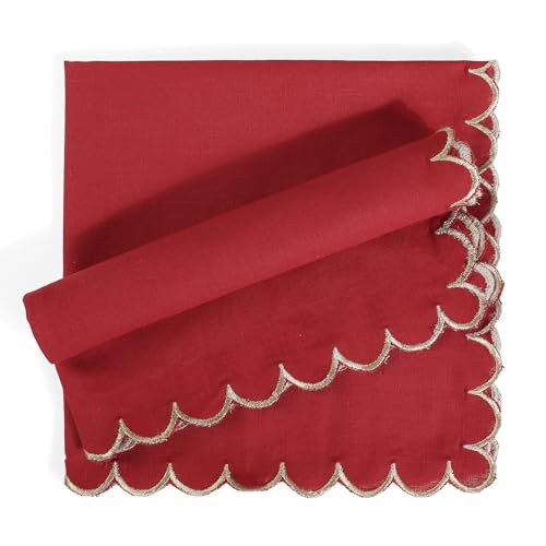 Image of FINGERCRAFT Scallop Edge Cloth Napkins Red with Golden Zari | Set of 6 | 20x20 Inches | 100% Cotton | Table Napkins for Any Occasion | Washable, Perfect for Parties and Everyday Use