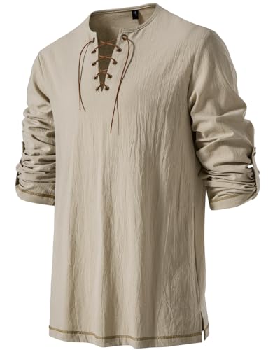 Image of JEMITOP Men's Pure Cotton Vintage Lace Up Shirts for Pirate Renaissance Viking Medieval Costume Without Belt