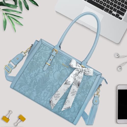 Image of MOSISO Laptop Bag for Women, PU Leather Tote Bag, Front Embossed Retro Hibiscus Computer Bags with Silk Scarf&Clutch Purse