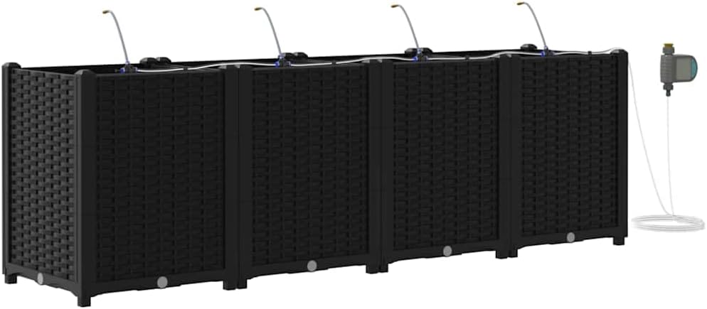 vidaXL Garden Black Steel Planter Box with irrigation system components