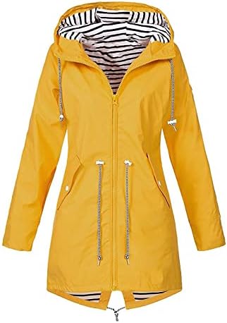 Womens Rain Jackets,Plus Size Waterproof Lightweight Adjustable Windproof Raincoat, Active Outdoor Hooded Windbreaker Zip Up Trench Coat with Pockets(A-Yellow,S)