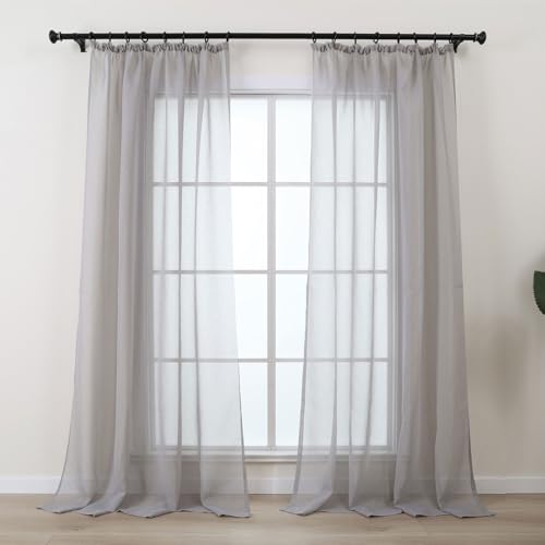 L.Z.E Sheer Curtains for Living Room Light Grey Curtains & Drapes for Bedroom Nursery Track System Bay Windows 96 Inch Drop & Long Pencil Pleat Curtains 2er Set Linen Look