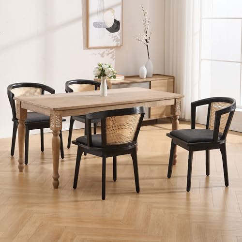 Image of BESTANO Black Rattan Dining Chairs Set of 4, Mid Century Modern Farmhouse Wood Dining Room Chairs, Upholstered Comfortable Kitchen Dining Side Chair with Cane Woven Back, Charcoal Linen
