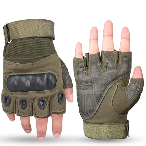 Image of Pivalo Half Finger Bike Riding Gloves with Strong Protective Shells Anti-Skid Surface Breathable Material Glove for Motorcycle Cycling Climbing Mountaineering (Military Green, L)