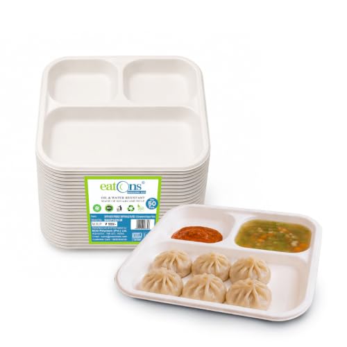 Image of EATONS 3-Compartment, 50 Pack Bagasse Meal Tray Disposable 9 Inch Plates | Compostable Sugarcane Paper Plates with Cover | Thali, Party, Take Away | Square | White