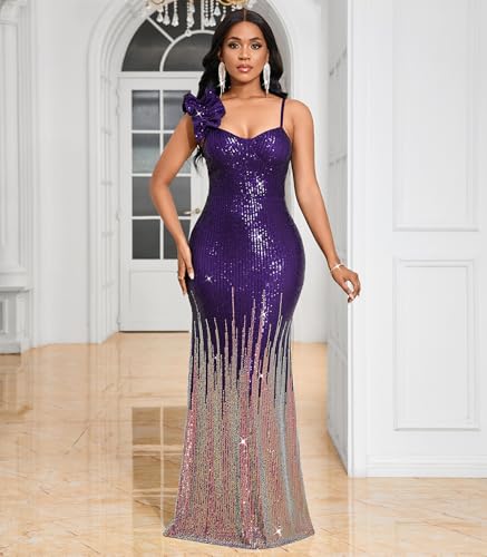 Image of Cololura Women Sexy Elegant Sequin High Split Ruffled Hem Mermaid Party Cocktail Bodycon Formal Evening Gowns Maxi Dress