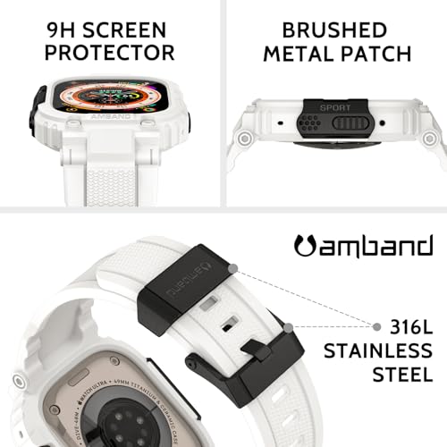 Image of amBand Bands Case Screen Protector Compatible with Apple Watch Ultra 3 /2 /1 49mm, M1 Sport Series Rugged Cover Strap and 9H Tempered Glass Film, Protective Bumper for iWatch 49 mm Men White