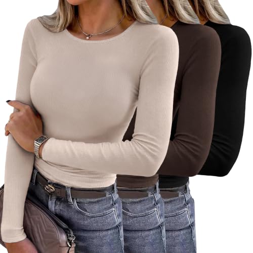 Totatuit Women's Long Sleeve Fitted Basic Top Crew Neck Ultra Soft Rayon Stretchy Slim Fit Casual Layering Essential Tee X-Large Black+Brown+Apricot