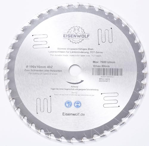 190x16 mm lame de scie, lame de scie circulaire pour le bois avec 40 dents TCT inclinées et découpes laser pour une réduction du bruit