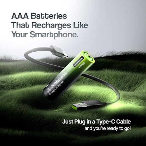 Image of Ambrane AAA Type C Rechargeable Batteries, Pack of 2, 740mAh Lithium Ion Battery, Charge with Any Type C Cable & Adapter, No Separate Charger Required, Save Environment & Money (Reneo, Green)