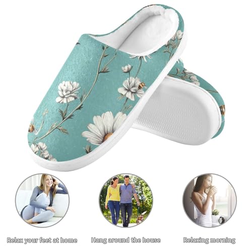 JUNZAN Vintage Osteospermum Turquoise Women Home Cotton Slippers Closed Toe Memory Foam Ladies Slippers for Hotel Funny Presents 6-73
