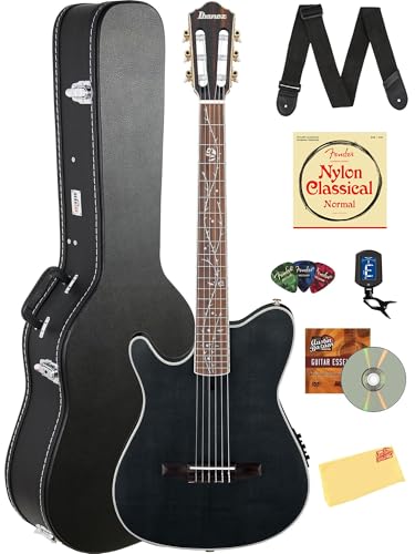 Ibanez TOD10NL Tim Henson ナイロン アコースティック エレキギター 左利き用 - 透明ブラック フラット バンドル ケース、チューナー、ストラップ、弦、ピック、Austin Bazaar 解説DVD、磨き布付き
