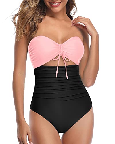 Holipick Women Tummy Control One Piece Swimsuits Strapless Bandeau Bathing Suits Ruched Slimming Swimwear