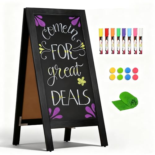4 THOUGHT A-Frame Double-Sided Magnetic Chalkboard 40"x20", Solid Pine Wood Freestanding Sandwich Board for Restaurants, Cafes, Weddings (Black)