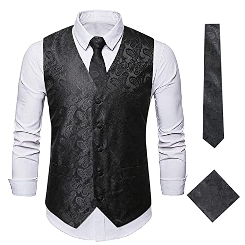 3PC Men's Vest Tie Set Paisley Floral Jacquard Necktie Pocket Square Waistcoat Formal Tuxedo Blazer for Wedding Party