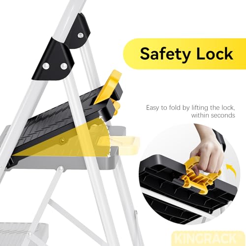 Image of KINGRACK 4 Step Folding Ladder, 800lbs Capacity Step Stool with Safety Lock, Non-Skid Wide Pedals, and Handrail, Lightweight, Household Ladder for Home, Kitchen, Pantry, Closets, and Office Use, White