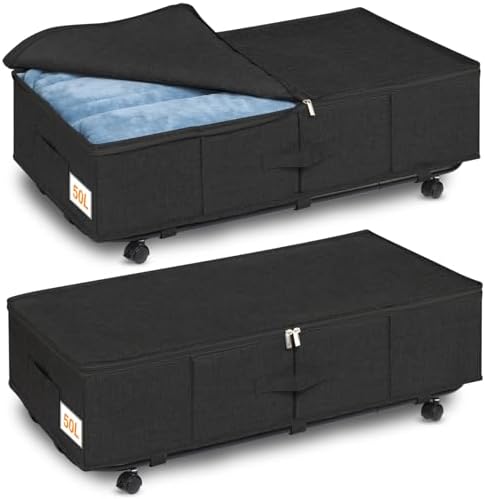 Underbed Storage, 50L Large Under bed Storage on Wheels, 2 Pack Foldable Underbed Storage Box with Lid & Zips, Under Bed Storage Drawer with Metal Bottom Support for Clothes, Duvets, Bedding, Shoes