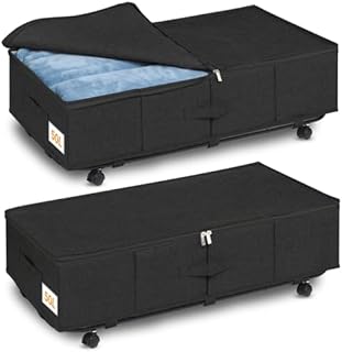 Underbed Storage, 50L Large Under bed Storage on Wheels, 2 Pack Foldable Underbed Storage Box with Lid & Zips, Under Bed Storage Drawer with Metal Bottom Support for Clothes, Duvets, Bedding, Shoes