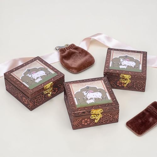 Image of Handcrafted Wooden Jewellery Box Copper Metal Finish (4 x 4 inch) - Pack of 3 | Oxidized Pichwai Cow & Calf Design | Decorative Organizer | Storage Box for Women Puja Gifting | Ivory Sand