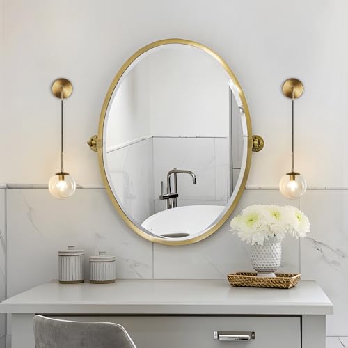 Image of BOKT Mid Century Modern Globe Wall Sconce Lighting Brushed Brass Gold Amber Glass Round Wall Light Fixture Vintage Vanity Globe Bathroom Bar Wall Lamp (Gold+Amber)