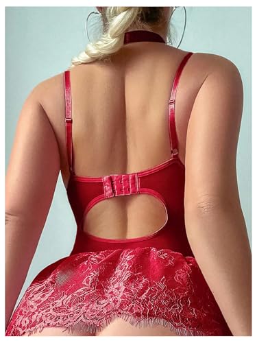 Image of SHENHE Women's Lace Babydoll Garter Lingerie Dress with Thong and Stockings Set