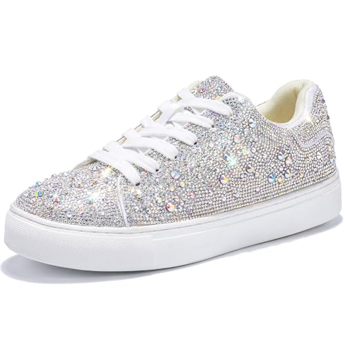 Image of Suokdil Sparkle Rhinestone Sneakers for Women - Bling Fashion Bedazzled Platform Tennis Shoes - White Glitter Sequin Wedding and Party Shoe
