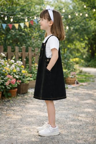 Image of superminis Girls Twill Denim Solid Color Dungree /Dress With Embroidered Pocket (1 Dress,1 Tee)