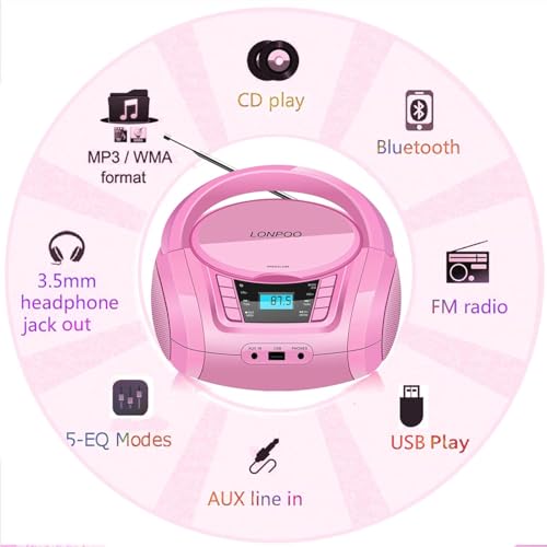 Image of LONPOO CD Player Portable Boombox with FM Radio /USB /Bluetooth /AUX Input and Earphone Jack Output, Stereo Sound Speaker & Audio Player,Pink
