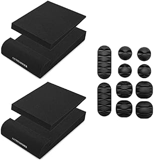 OUTSTANDER 2x Monitor Isolation Speaker Pads with Set of Cable Clip Organisers for Cable Management, Acoustic Studio Desktop Stands, High Density Foam, 29 x 19 x 5 cm or 11.5 x 7.5 x 2 Inches, Black