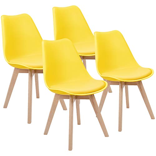 Furmax Mid Century Modern DSW Dining Chair Upholstered Side Chair with Beech Wood Legs and Soft Padded Shell Tulip Chair for Dining Room Living Room Bedroom Kitchen Set of 4 (Yellow)